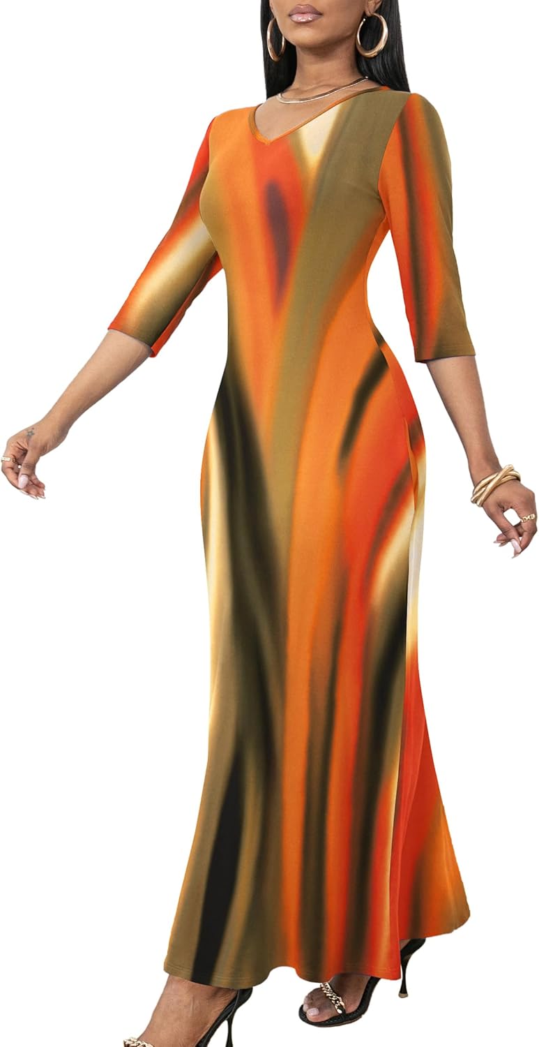 FANDEE Maxi Dress for Women 3/4 Sleeve Maxi Dresses V Neck Casual Loose Long T Shirt Dresses Basic (M-3XL)