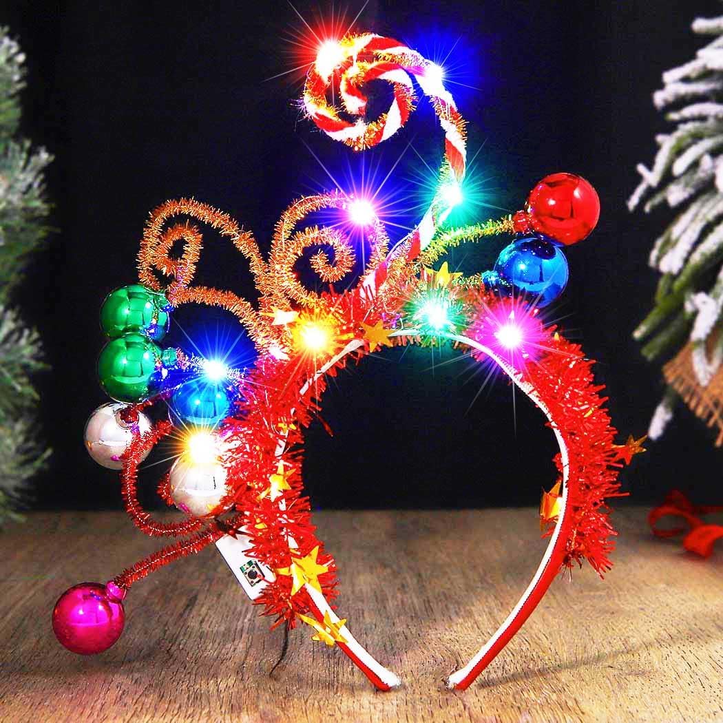 GORTIN Light up Christmas Ball Headband LED Xmas Glowing Candy Cane Headdress New Years Headpiece Holiday Costume Headwear Hair Accessories for Women - Image 2