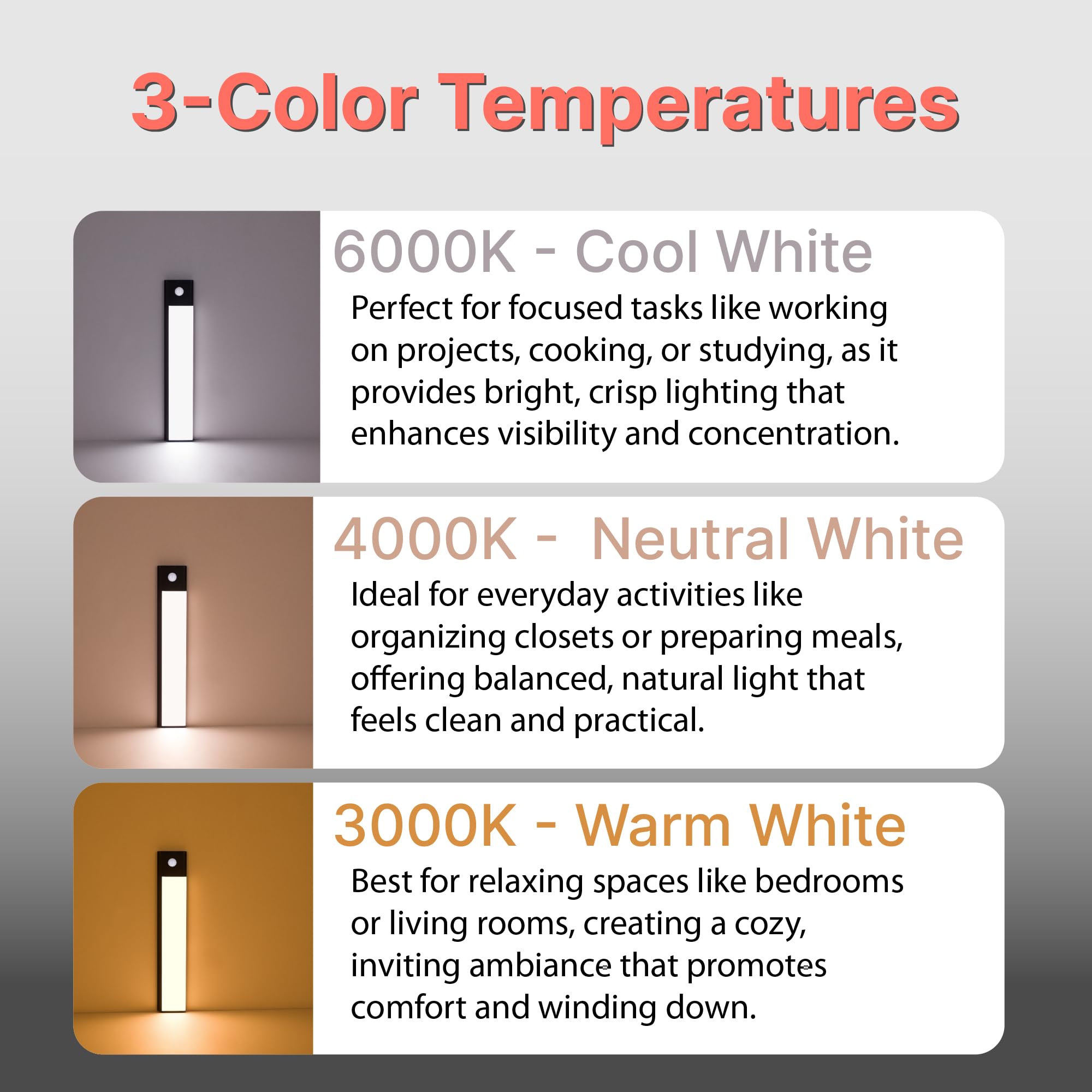 Modulo luminoso a LED compatto, versatile, ricaricabile, alloggiamento in alluminio, sensore di movimento e luce, luminosità regolabile, 3 temperature di colore (medie - 40 cm, argento)