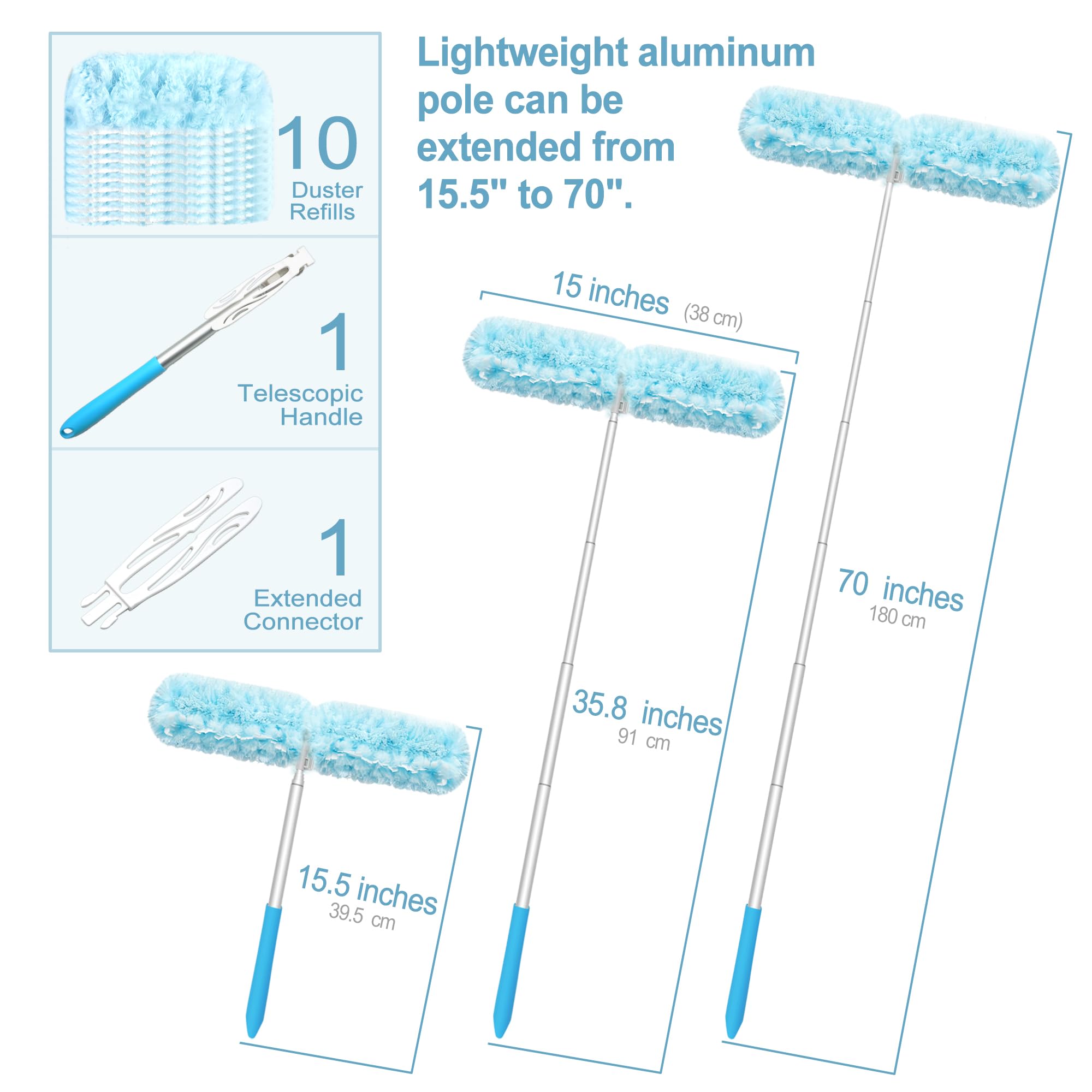 JEHONN Spolverino per Polvere 10 Ricariche Compatibile con Swiffer Bastone, 180 cm Togli Ragnatele Allungabile Resistente Kit Iniziale per Soffitto Ragnatela Ventilatore Tenda Mensole Finestra