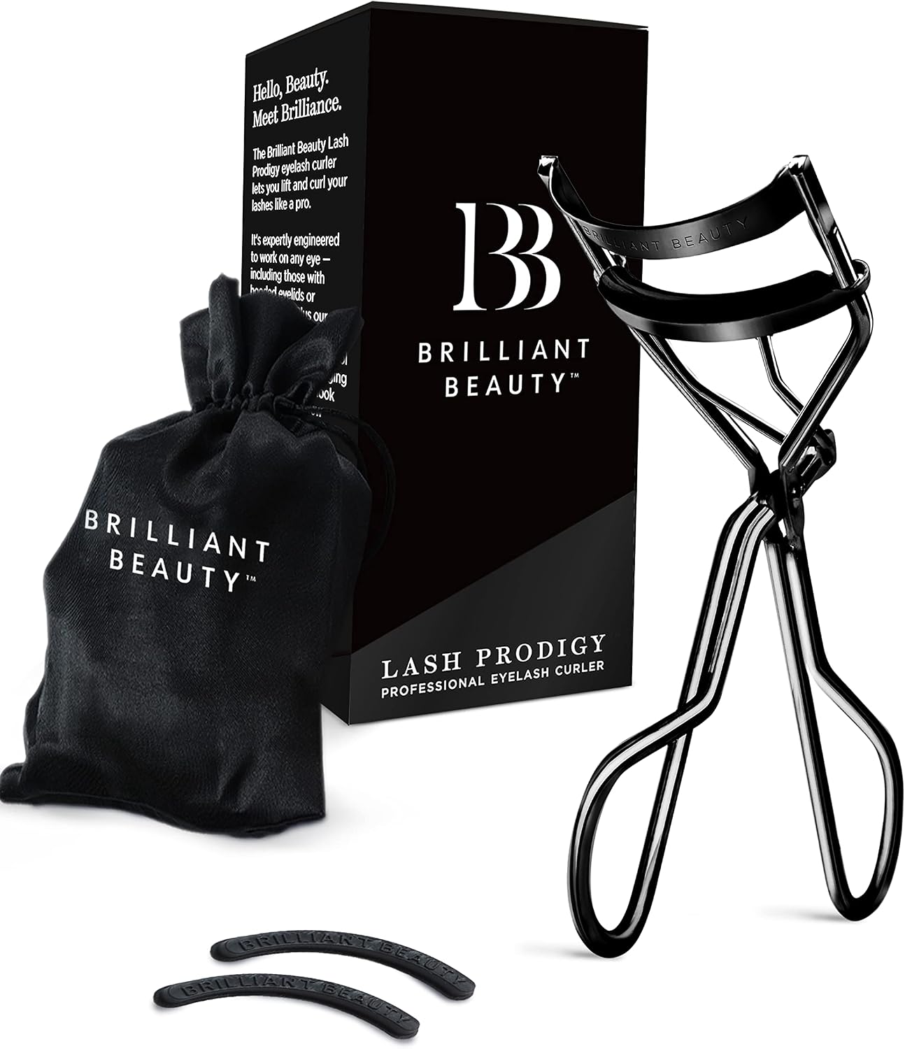Brilliant Beauty Eyelash Curler with Satin Bag & Refill Pads – Award Winning Eye Lash Curlers for Dramatically Curled Eyelashes & Lash Lift in Seconds (Jet Black)