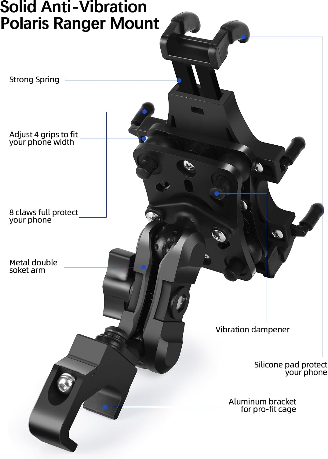 ZIDIYORUO Anti-Vibration Polaris Ranger Phone Mount, Adjustable Heavy Duty Ranger Phone Holder Fit for Pro-fit Cage, Compatible with Polaris Ranger General Can-Am Defender Maverick Trail,3-axis