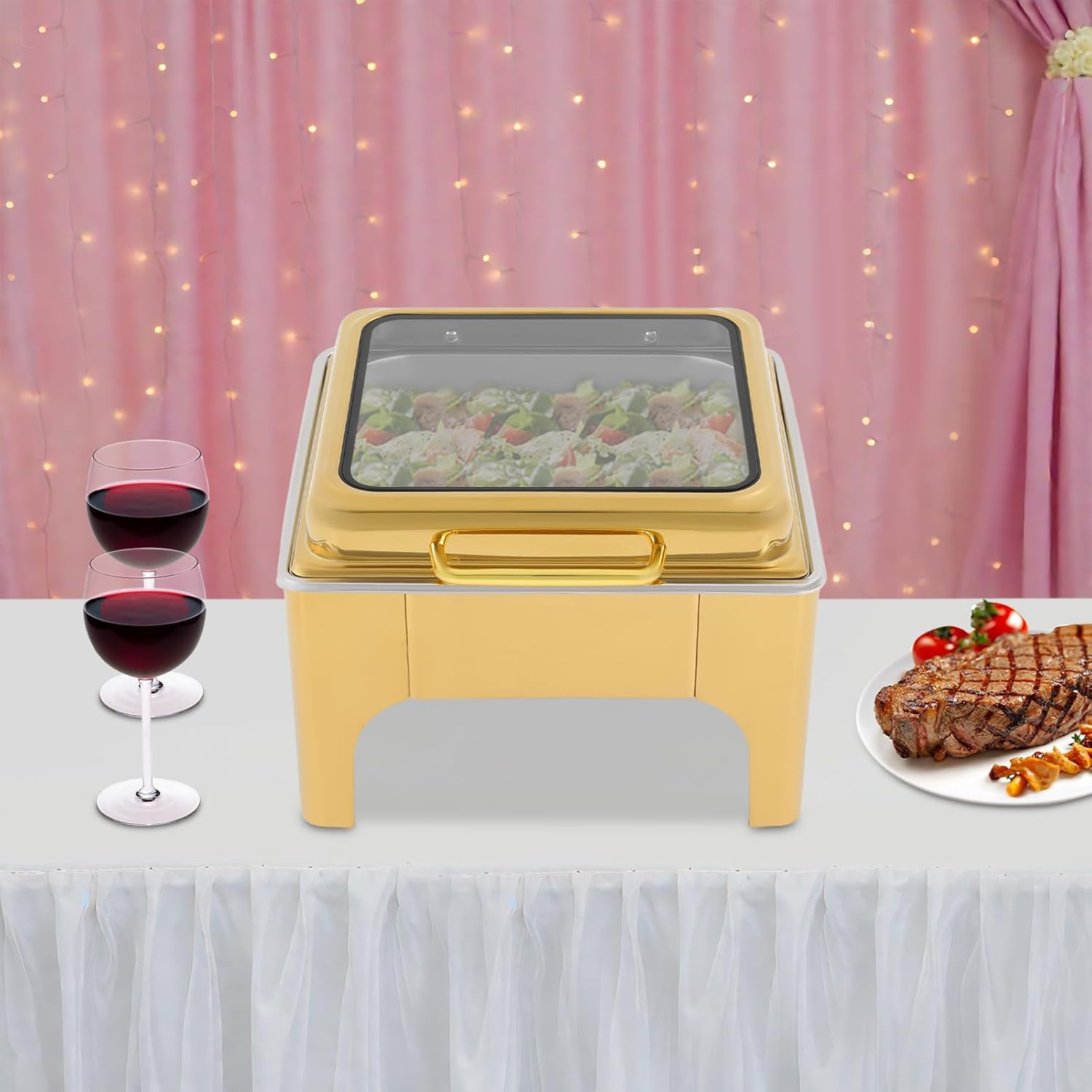 Gold Catering Warmer 6L/6.34Qt, Stainless Steel Cooling&Heating Chafing Dishes with Transparent Hydraulic Lid, Buffet Server Heat Preservation Stove for Parties Wedding (6L/6.34Qt)