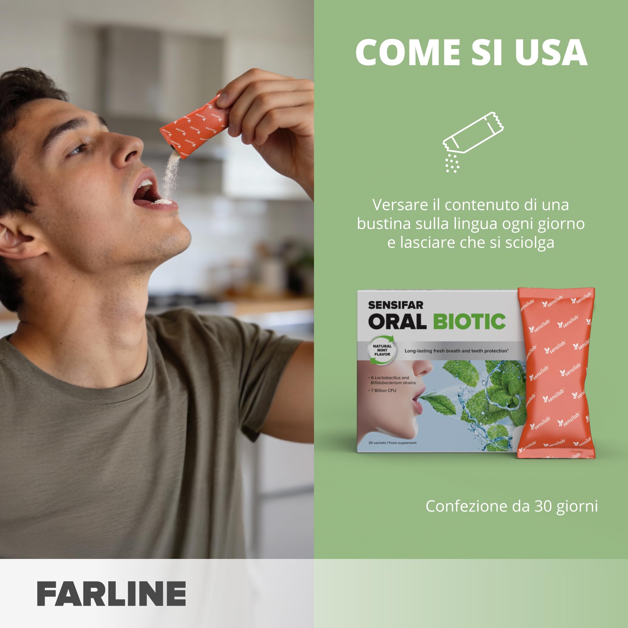 Sensilab Probiotici Orali per Salute Dentale e Gengivale, 30 Bustine | 7 Miliardi di CFU, Con Howaru Smile, Xilitolo e Inulina Cicoria, Alito Fresco