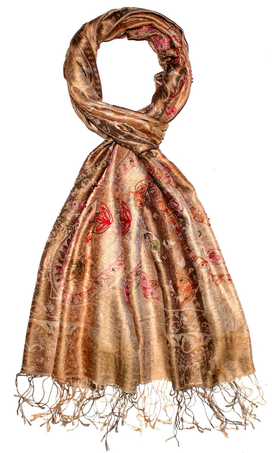 Lorenzo Cana Pashmina Damen Schal gewebt 100% Seide Paisley Muster Seidenschal farbig bestickt und mit Perlen verziert Goldbraun Beige 78683