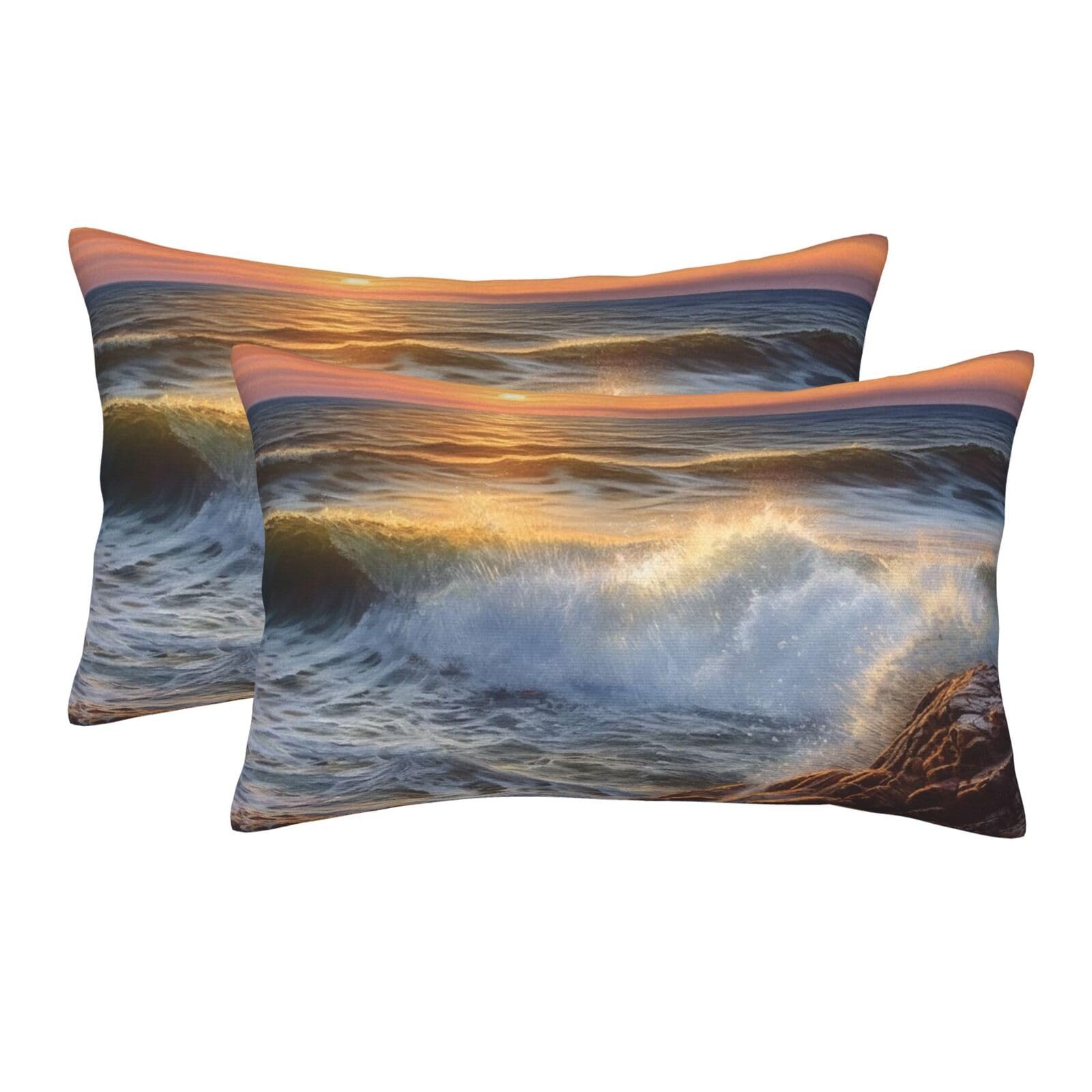 2 Pack Standard Size Pillow Cases for Hair and Skin Soft Breathable Pillow Case Covers with Hidden Zipper Rocky Wave Sunset Painting Pillowcase 20"x30" Pillow Cover for Sleeping Gift