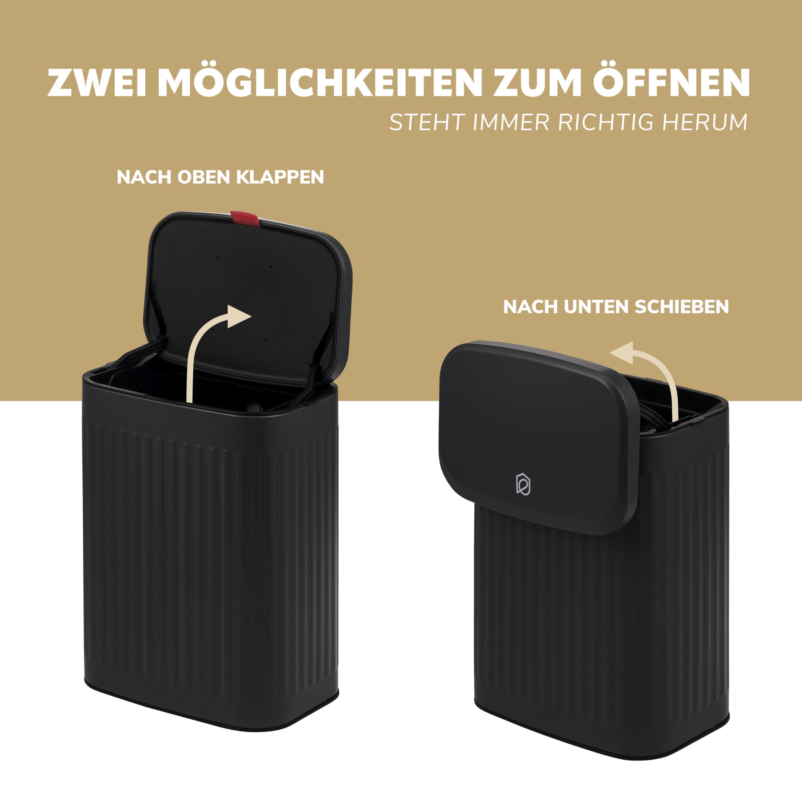 eluno Grote afvalemmer, keukenafvalemmer met schuifdeksel om op te hangen, neer te zetten of te lijmen, inhoud 8 liter, voor keuken en badkamer (RVS-Look