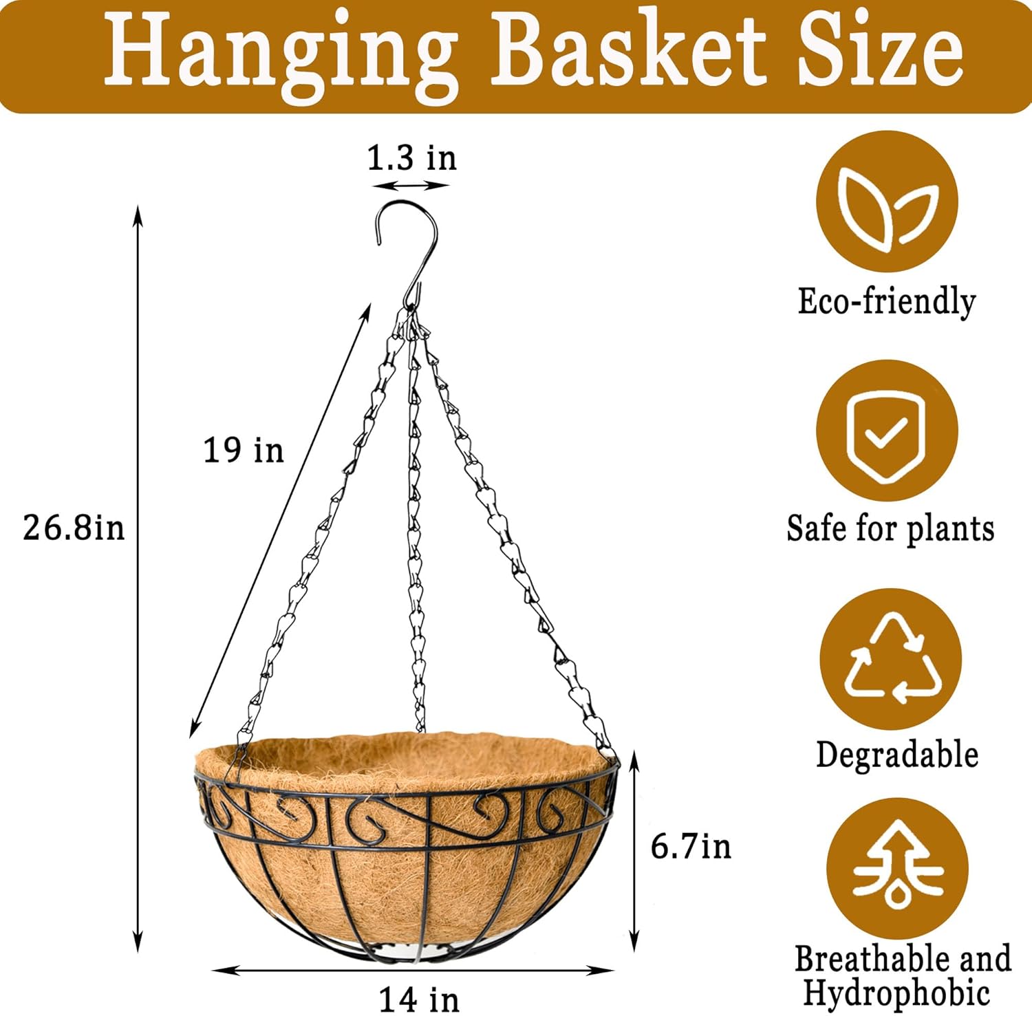 4 Pack Hanging Planters 14 Inch Metal Hanging Planter Basket Flower Pots with Coco Coir Liners Round Wire Plant Holder with Chain for Indoor Outdoor Patio Porch Garden Decoration（HB）
