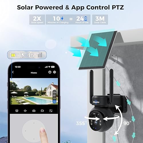 Miniatura 4 de Hiseeu Cámara de seguridad celular 4G LTE alimentada por energía solar, sin cámara de seguridad WiFi inalámbrica para exteriores, movimiento PIR,