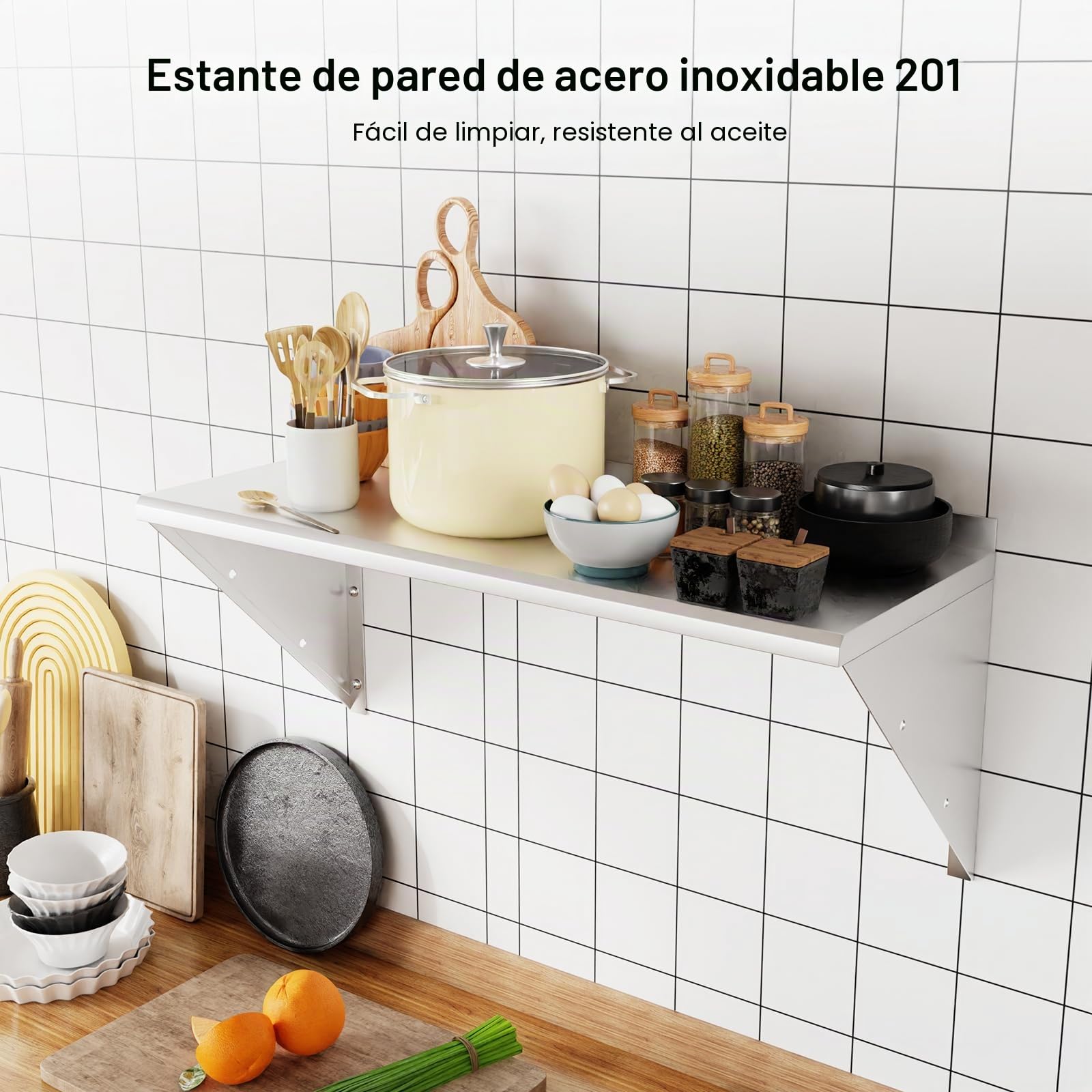 Estantería de Pared de Acero Inoxidable 80x 30 cm, Estantes de Cocina Carga 80 kg, Colocación en Pared, Estante Flotante con Soporte Triangular Apto para Uso en Oficinas, Baños y Cocinas
