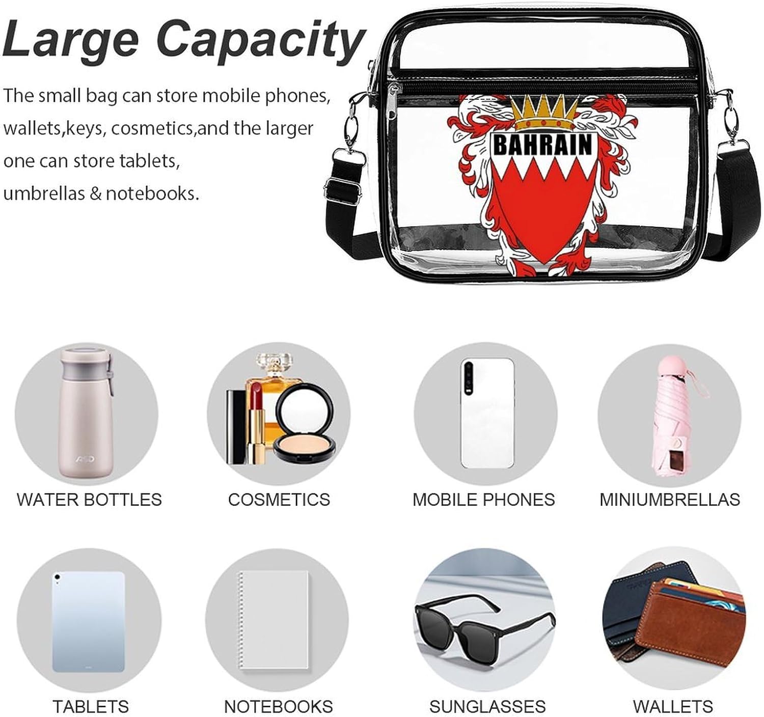 Bahrain National Emblem Clear Tote Bag Transparent Stadium Approved | crossbody,10*3.1*8.7",zippered closure,with adjustable strap