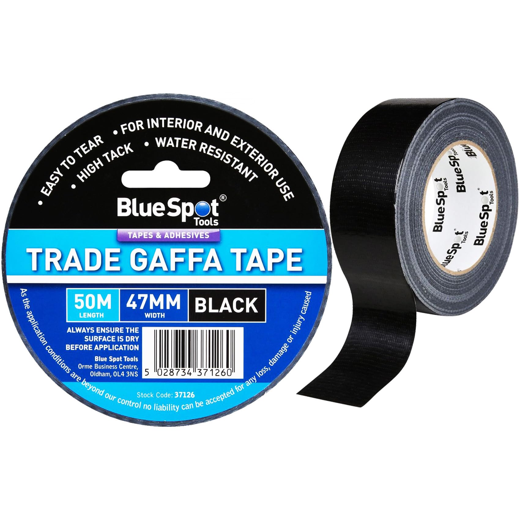 NTI BlueSpot TRADE DUCT TAPE | Strong | Waterproof | GAFFER | Cloth | Multi-Purpose | Adhesive | Tapes | GAFFA | 47MM x 50 Meters | BLACK | High Tack UK FREE P&P (1 X Roll - Black)