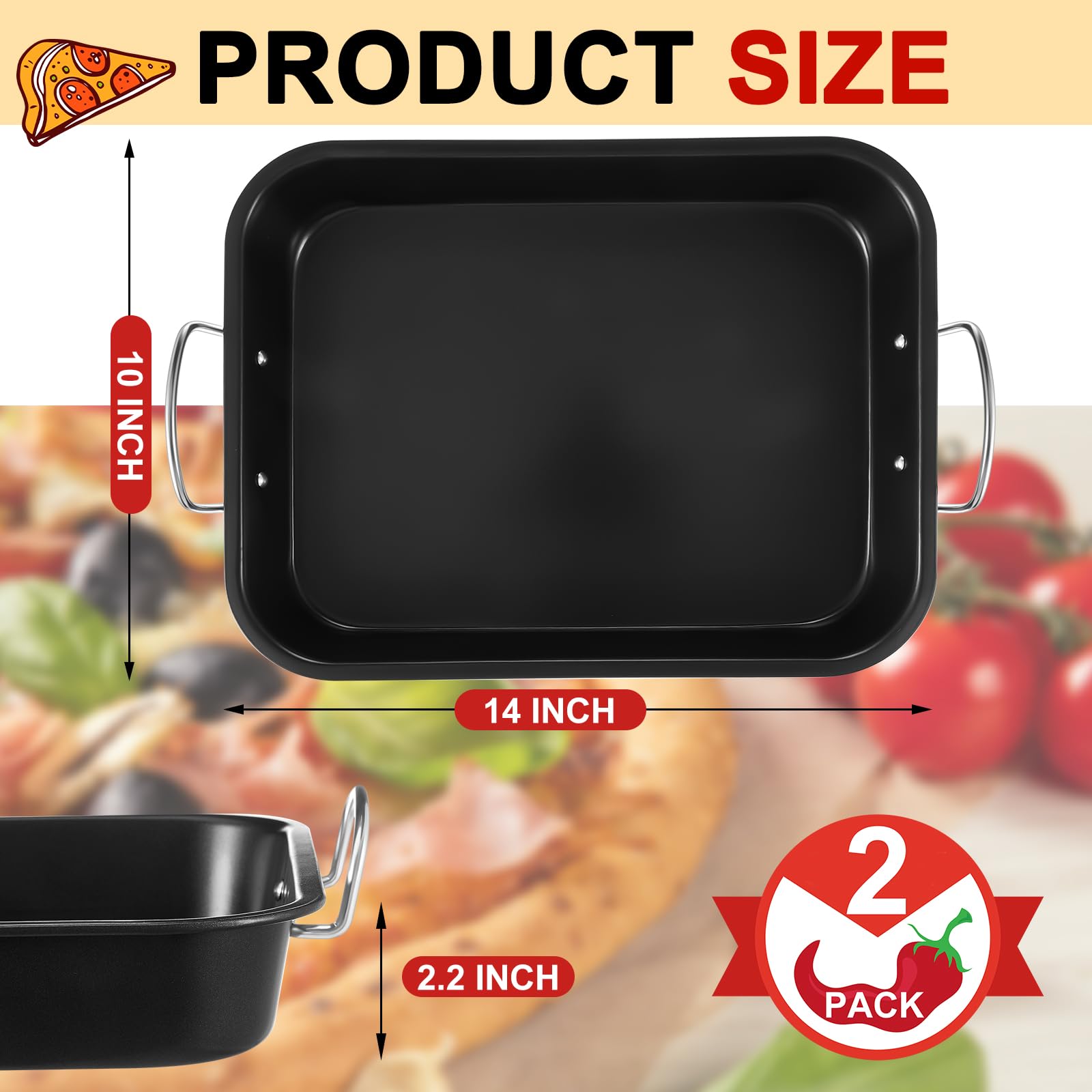 Teenyyou 2 Pack Detroit Style Pizza Pan 10 x 14 x 2.2 Inch with Handle Hard Rectangular Deep Pizza Pans Non Stick Sicilian Style Pan Dish Pre Seasoned Bakeware Kitchenware