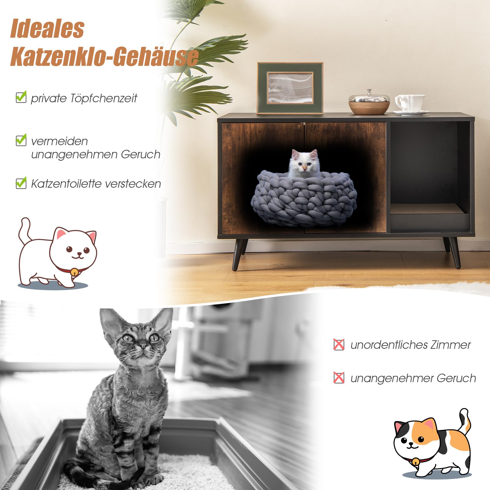 GOPLUS 2 in 1 Katzenschrank für Katzentoilette, Katzenhaus Holz mit Türen, Stahlbeine, abnehmbare Kratzbox, Wasser- und Kratzfest, Katzenhöhle für Katzen Haustier, 90x50x50cm (Vintage)