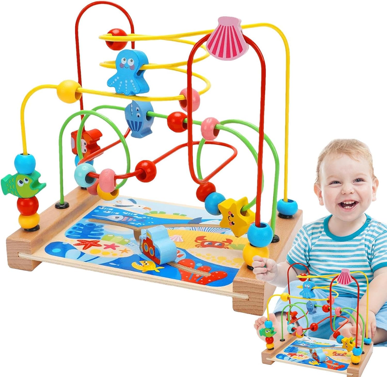 Genérico Bead Maze - Wooden Roller Coaster for Early Learning | Natural Wood Activity Cube with Colorful Sliding Wires & Fine Motor Skill Builder for Playroom Table, Nursery Setup, Preschool Classro