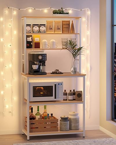 Miniatura 4 de VASAGLE Barra de café, estante para panadería de 31.5 pulgadas para cocina con almacenamiento, estantes de cocina de 6 niveles con 6 ganchos,