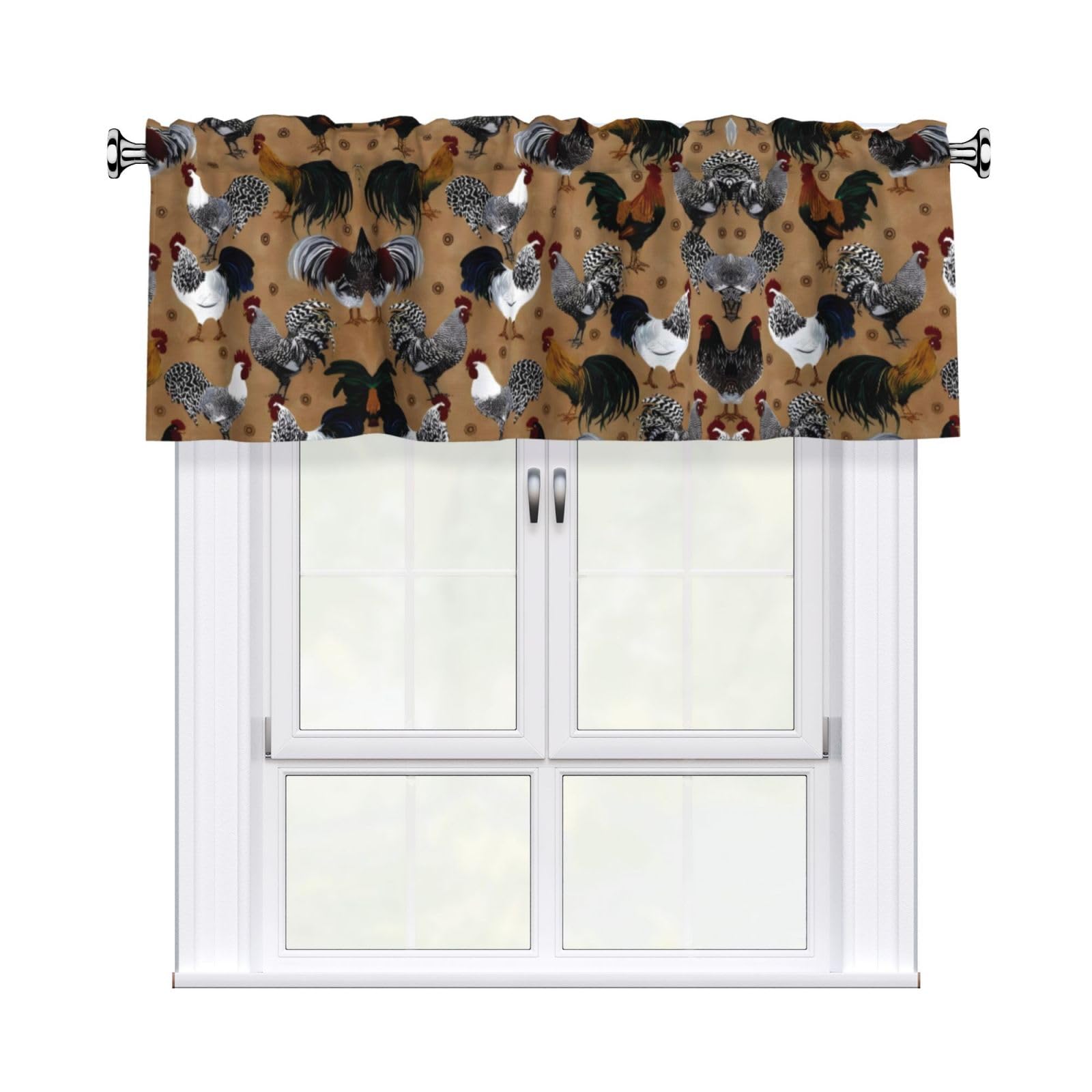 HJFCZH WHJSSF Rooster and Chicken Print Prints 54x18in Curtain Valance - Peach Skin Polyester Kitchen Cover with Light Filtering Floral & 3" Rod Pocket