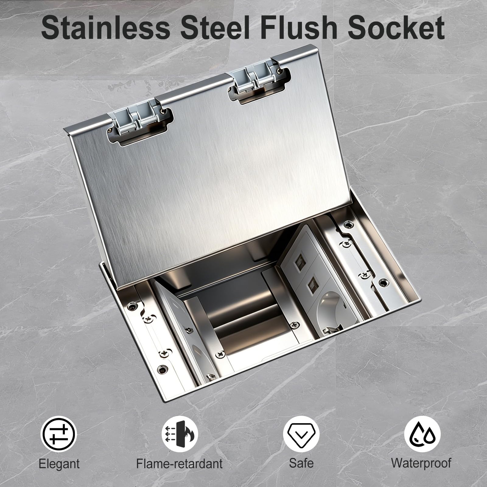 Presa da incasso per serbatoio da pavimento, 4000 W/16 A, 3 prese UE + 2 RJ45 | Presa da pavimento per interni, in acciaio inox, per pavimento, cucina, soggiorno, ufficio