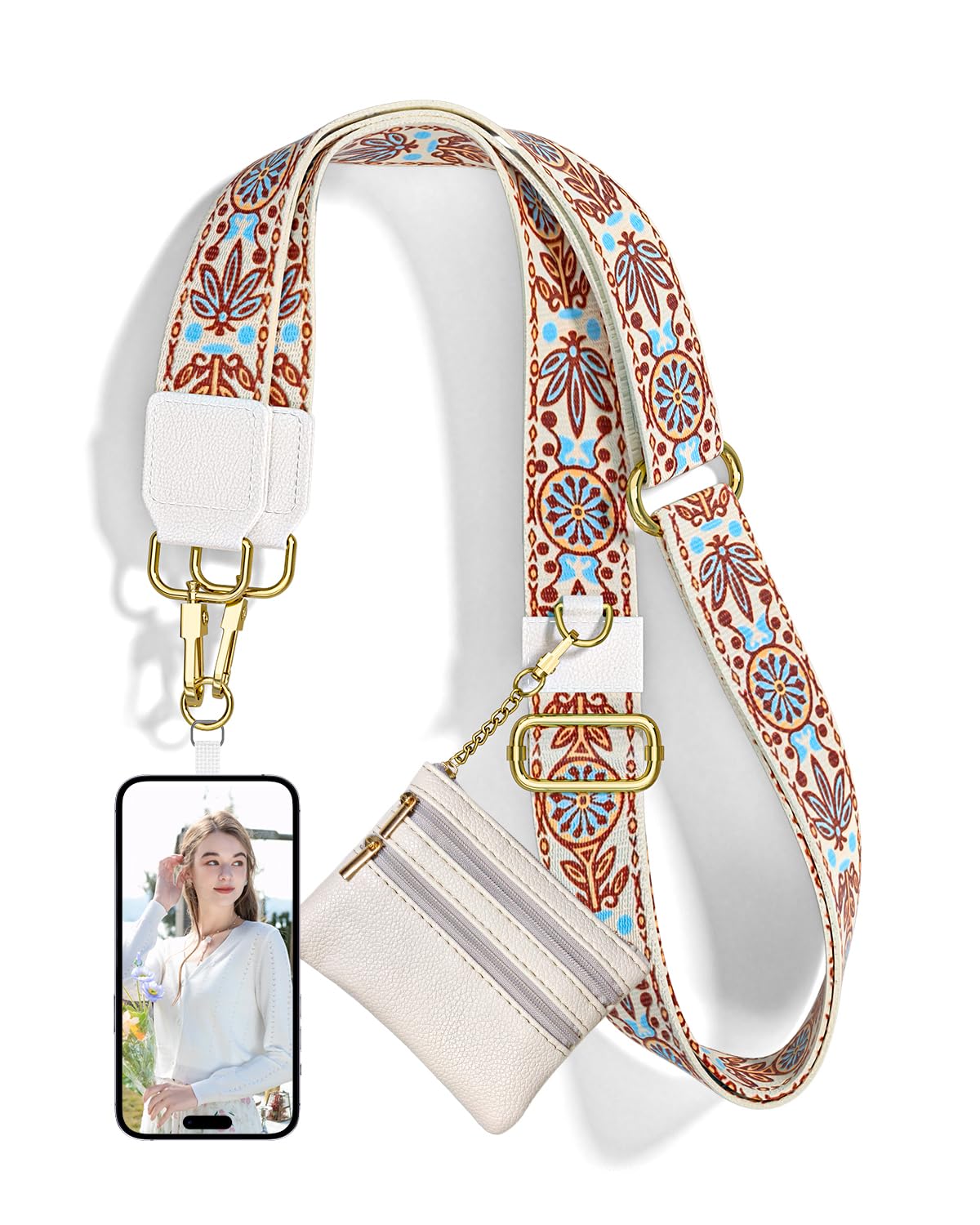 Nipichsha Crossbody Phone Strap with Wallet, Clip and Go Strap for Phone with Wallet, Adjustable Crossbody Cell Belt with Zippered Pouch, Neck