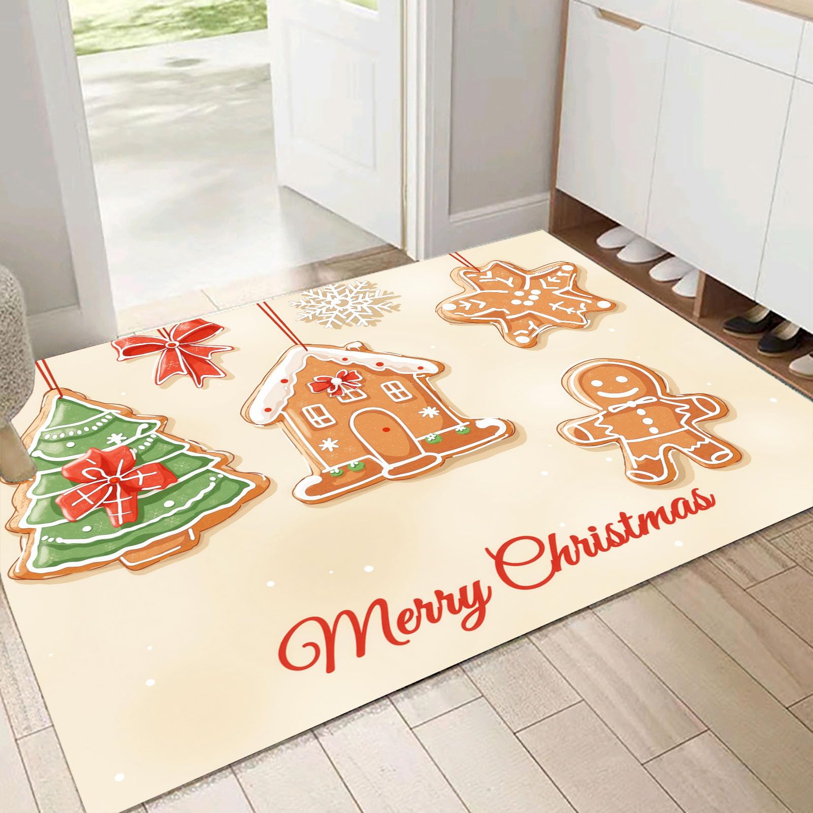 Schmutzfangmatte Innen 80x120cm, Weihnachtslebkuchen Waschbare rutschfeste Fußmatte, Niedliche Handgezeichnete Fußmatte Eingangstürmatte für Haustür Flur Innenbereich, Braun