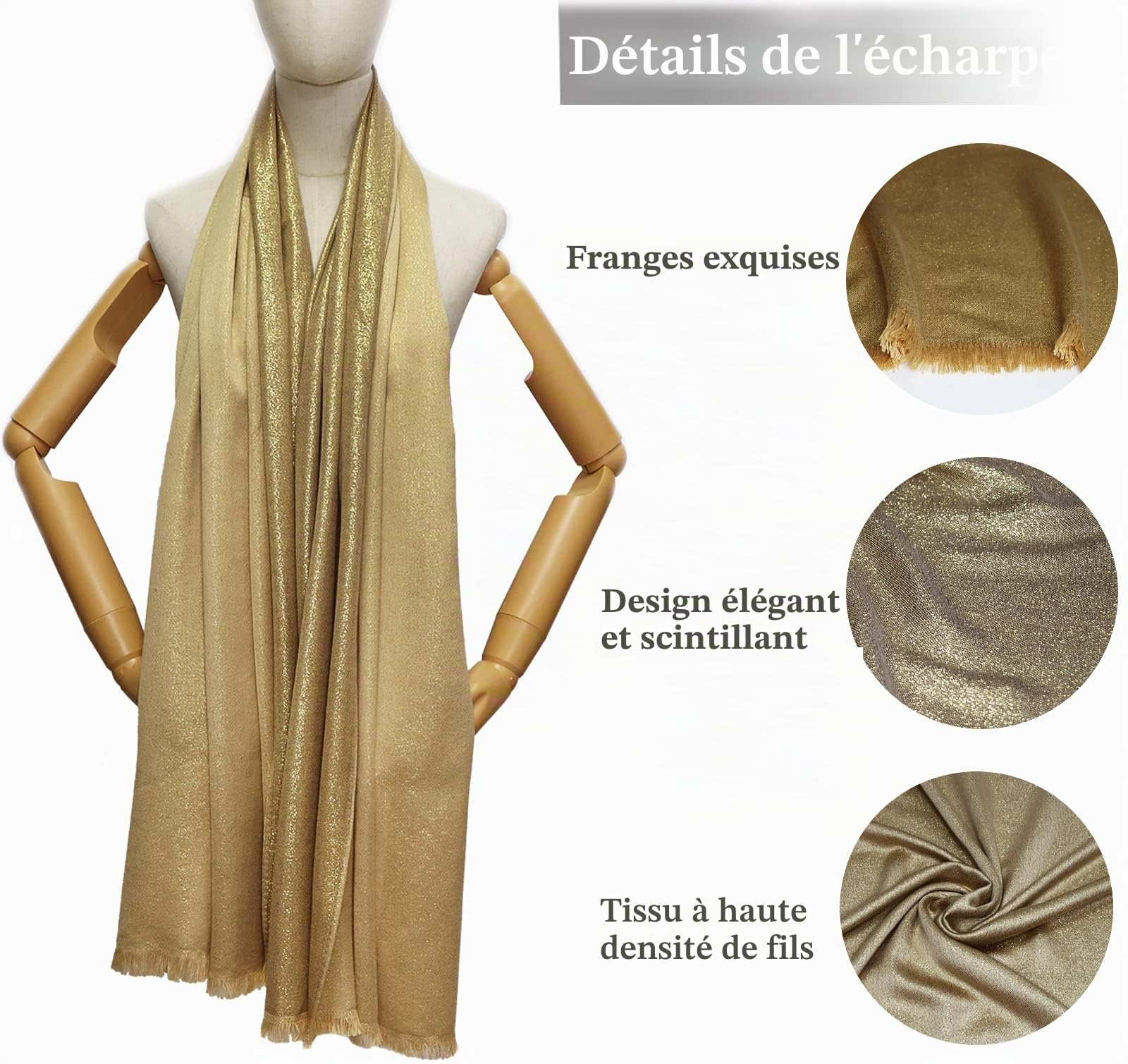 Châle pashmina métallique étincelant pour femme - Longue écharpe de fête - Couleur unie - Deux tons