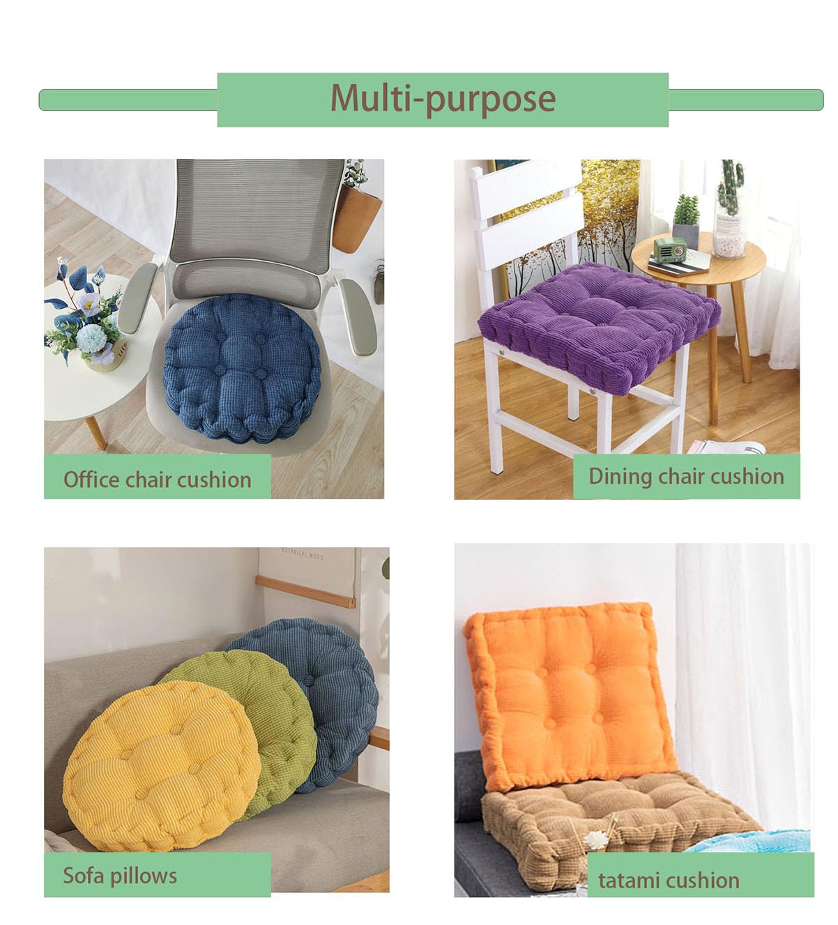 Cojín Cuadrado y Redondo para Suelo, Sofá y Meditación - Decorativo Tatami de Pana para Interior y Exterior (50 cm/19.7 Pulgadas, Verde Ronda)