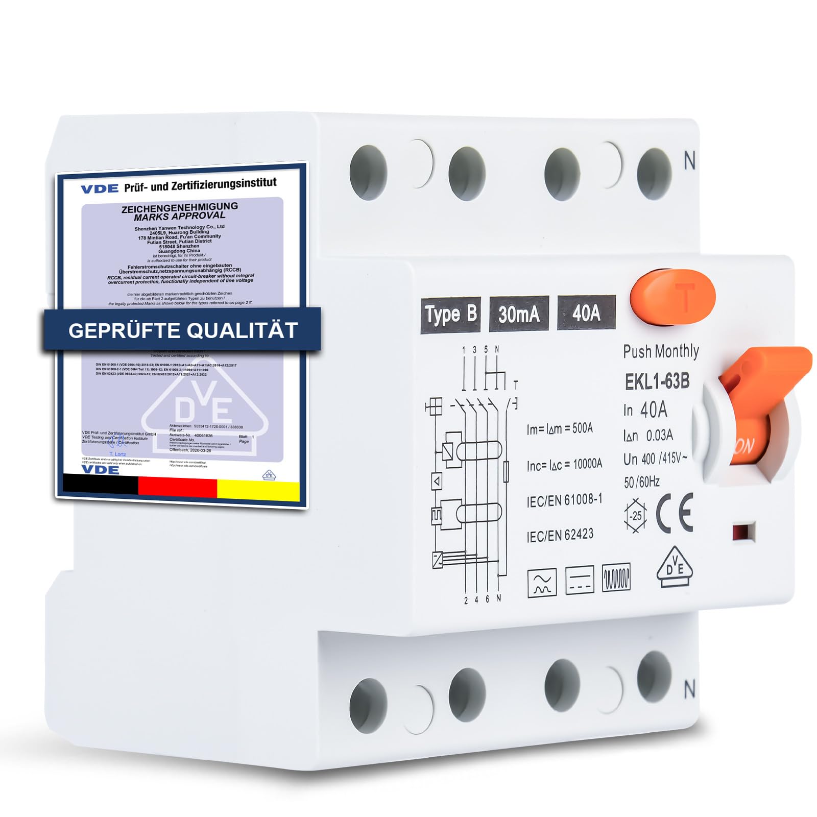 Interruttore di protezione FI tipo B 40A 30mA 4 poli, RCD sensibile a tutta corrente per Wallbox e stazione di ricarica, interruttore a corrente residua con certificazione VDE