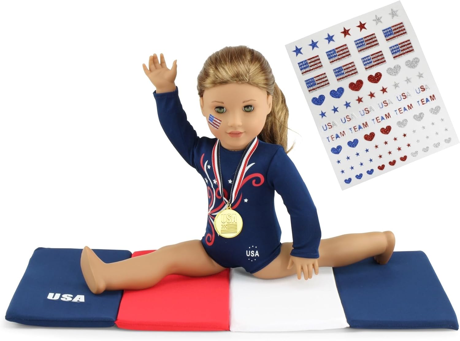 Emily Rose 18 Inch Doll Gymnastics Outfit 4-Piece Gymnast Playset | Leotard, Tumbling Mat, Gold Medal & Face Stickers | USA Brand, Premium Quality 18” Doll Clothes & Accessories