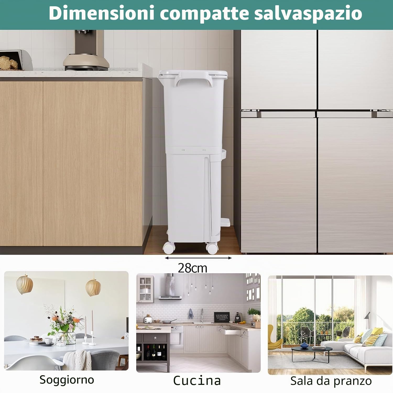 LIFEZEAL Pattumiera Differenziata a 3 Scomparti, Stretto, Coperchio a Pressione, Pedale, 4 Ruote, 2 Maniglie, Cestino Spazzatura Rimovibile, Bidoni Interno, Secchio Rifiuti, Cucina (Bianco, 40 L)