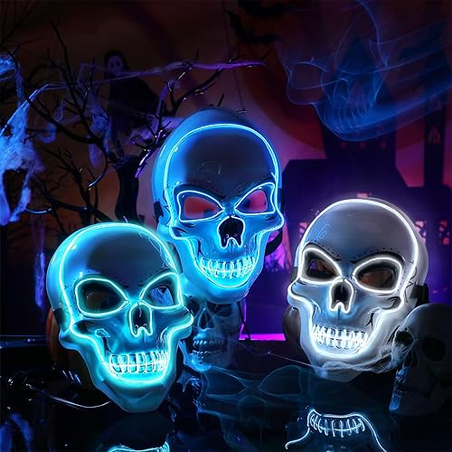 Miniatura 3 de 3 máscaras de Halloween con luces LED de calavera aterradora con alambre electroluminiscente, 3 modos intermitentes, accesorios de máscara de