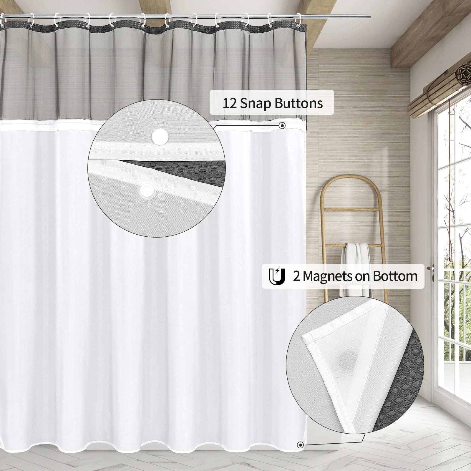 MitoVilla Rideau de douche extra long de 183 x 213 cm avec doublure à clipser, tissu lourd gris XL pour décoration de salle de bain, hôtel, spa, salle de bain, gris anthracite