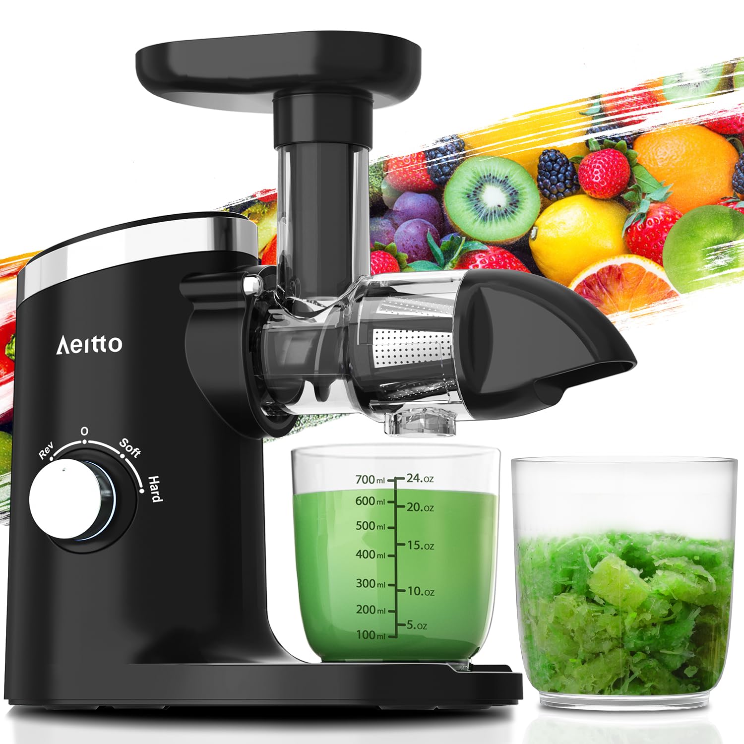 Aeitto Classic Horizontal Cold Press Juicer, Slow Masticating Juicer with Quiet Motor, High Juice Yield, Easy to Clean, Juicer Machines with Soft & Hard Modes for Fruits & Vegetables, Premium Black