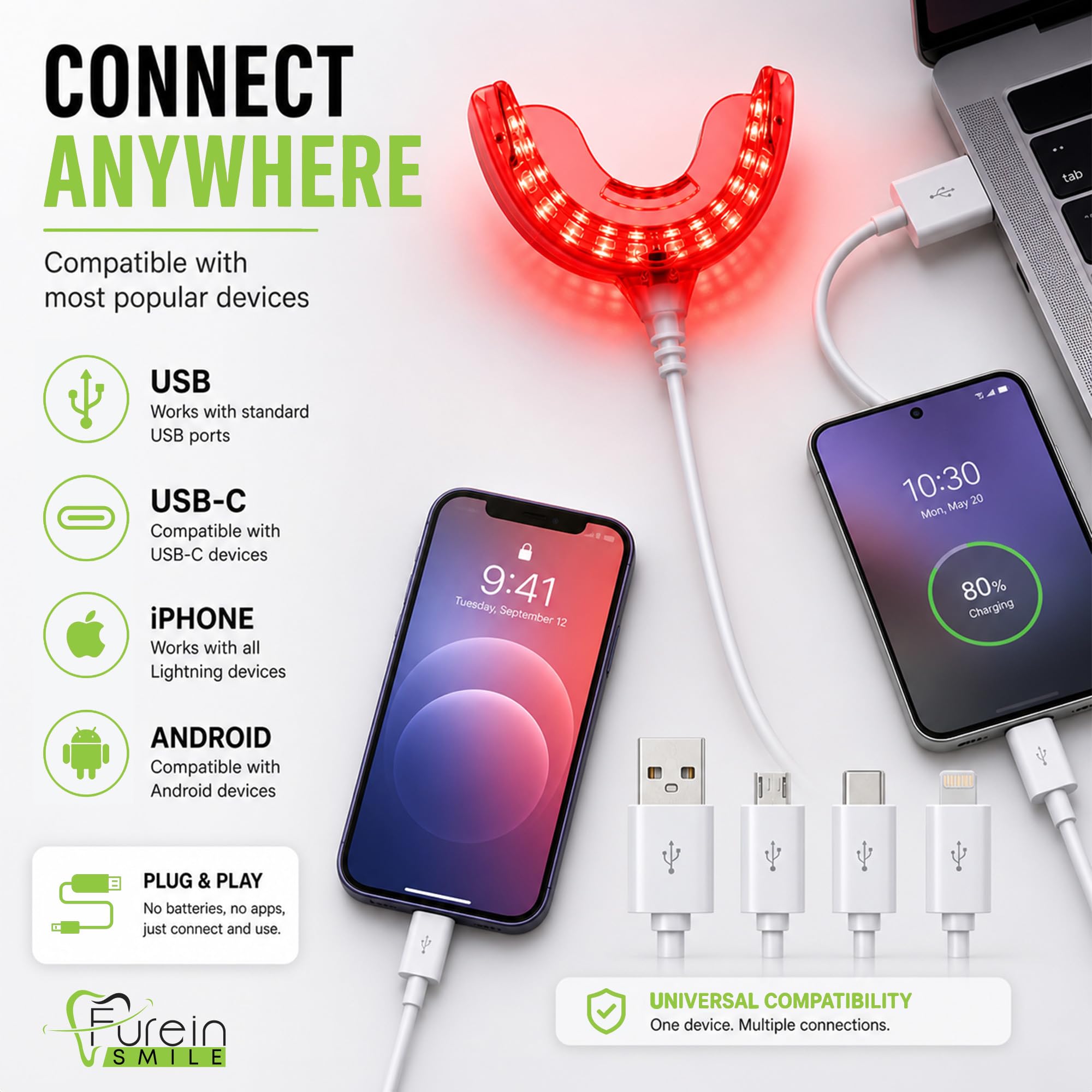 Dispositivo oral de luz roja, solución avanzada de terapia de encías y alivio del dolor de muelas, con 32 luces LED. Incluye adaptadores USB, iPhone y Android para un uso cómodo