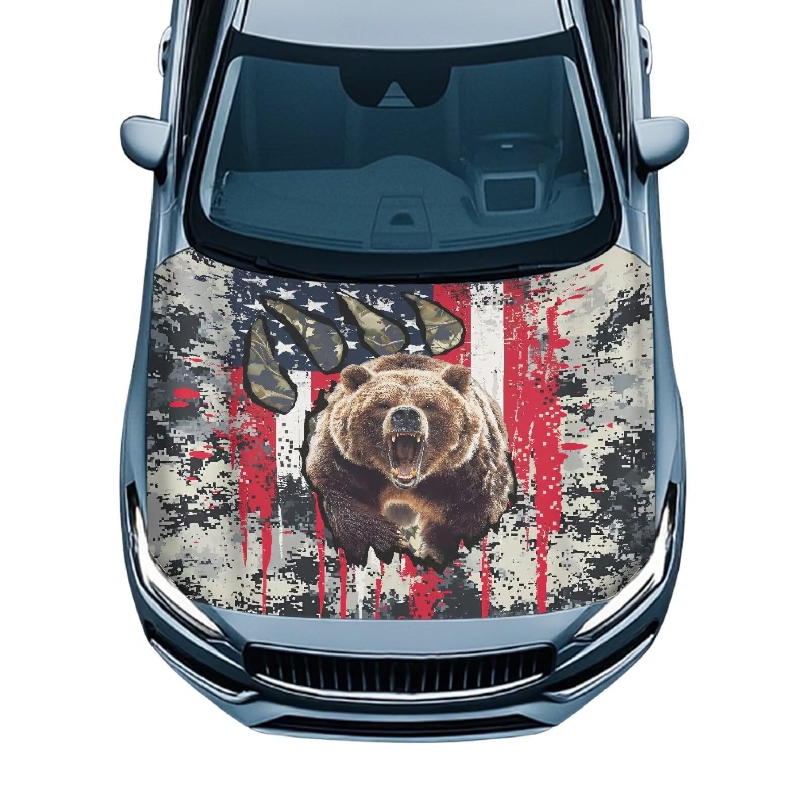 Car Hood Cover All-Season Protection Bear American Flag Print Car Hood Cover Protector Elastic Fabrics Vehicles Decorate Engine Universal for Cars