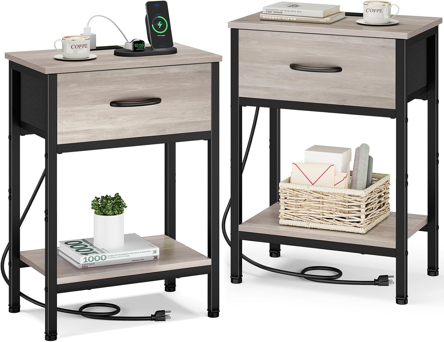 Vagusicc Nightstand Set of 2 with Charging Station, Bed Side Table with Fabric Drawer, Small End Table with 2-Tier Storage Shelves, 25.4" Tall Night Stand Bedside Table for Bedroom Living Room, Greige