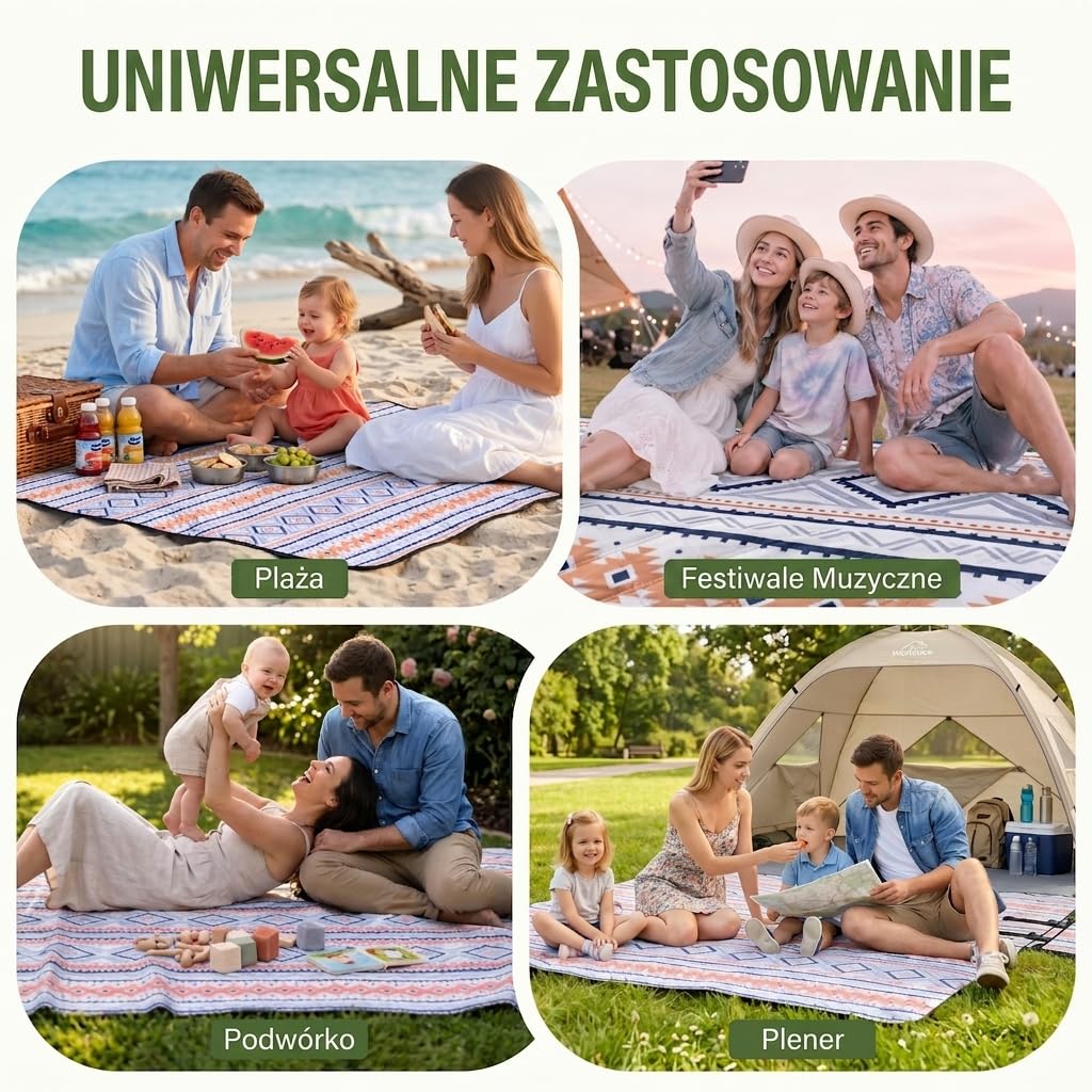 Wolfwise Koc Piknikowy Wodoodporny, Duży Mata Plażowa 200x200 cm, Składany Picnic Blanket z Regulowanymi Paskami i Paskiem na Ramię, Koc Izolowany do Ogrodu, Trawy, Podróży i Wędrówek, Niebieski