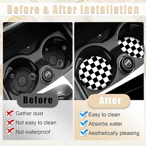 Miniatura 4 de Paquete de 2 posavasos de automóvil a cuadros negros y blancos para portavasos de automóvil, posavasos de cerámica para automóvil, posavasos