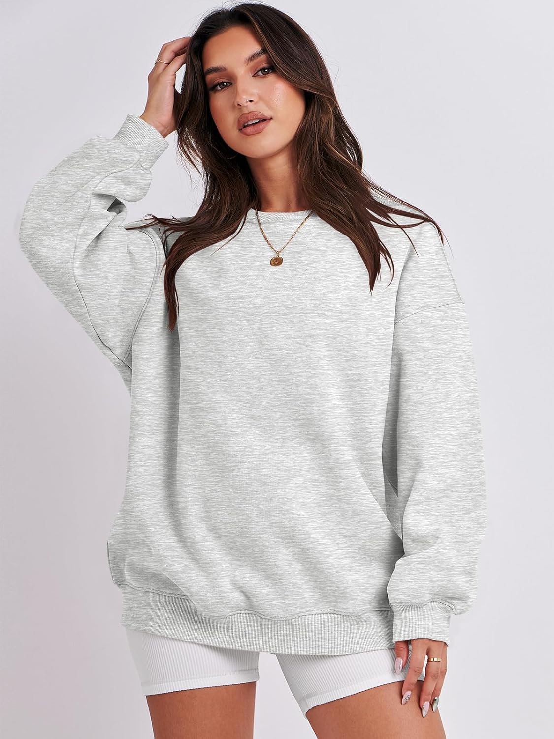 Caracilia Women Sweatshirts Crewneck Long Sleeve Oversized Fleece Hoodies 2024 Fall Fashion Pullover Sweater Top Grey