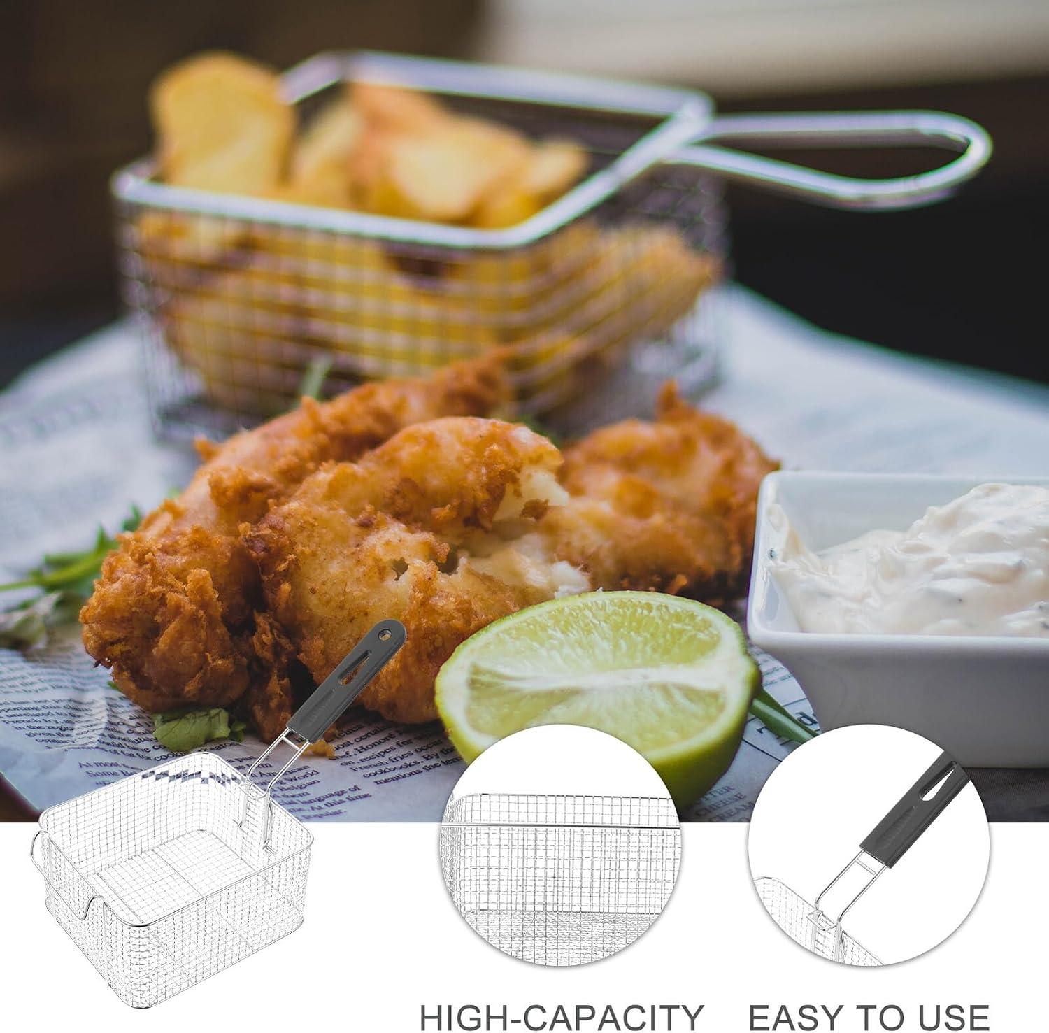 Stainless Steel Fry Basket Square Hole Frying Basket with Handle Deep Fryer Accessory for Commercial and Home Use French Fries and Fried Chicken Strainer