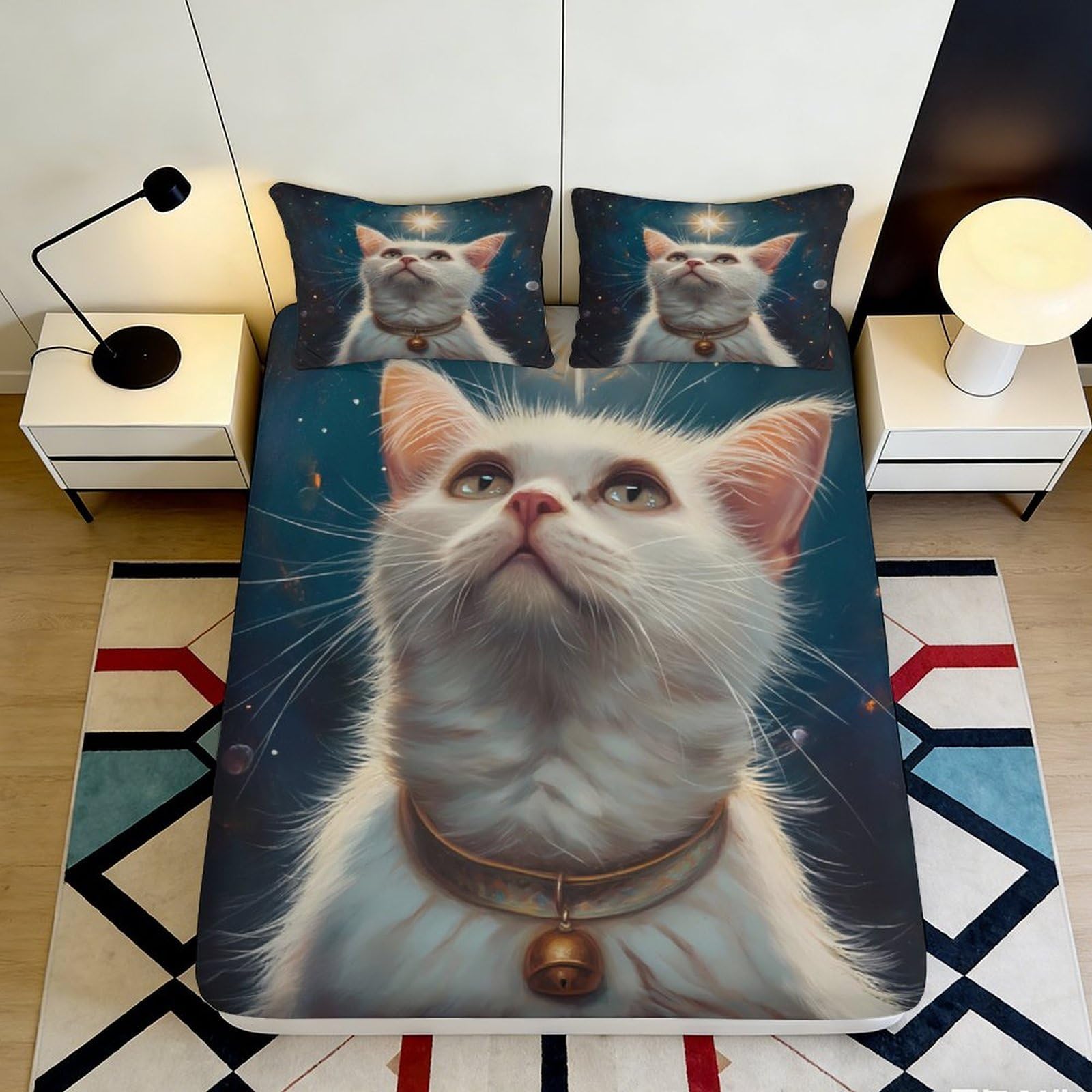 Pnayamiorkfel Style-8 3D Printed White Cat Starry Sky Fitted Sheet Microfiber Soft Anti-Slip Mattress Cover Bedroom Decor Easy Care 90X200x25cm