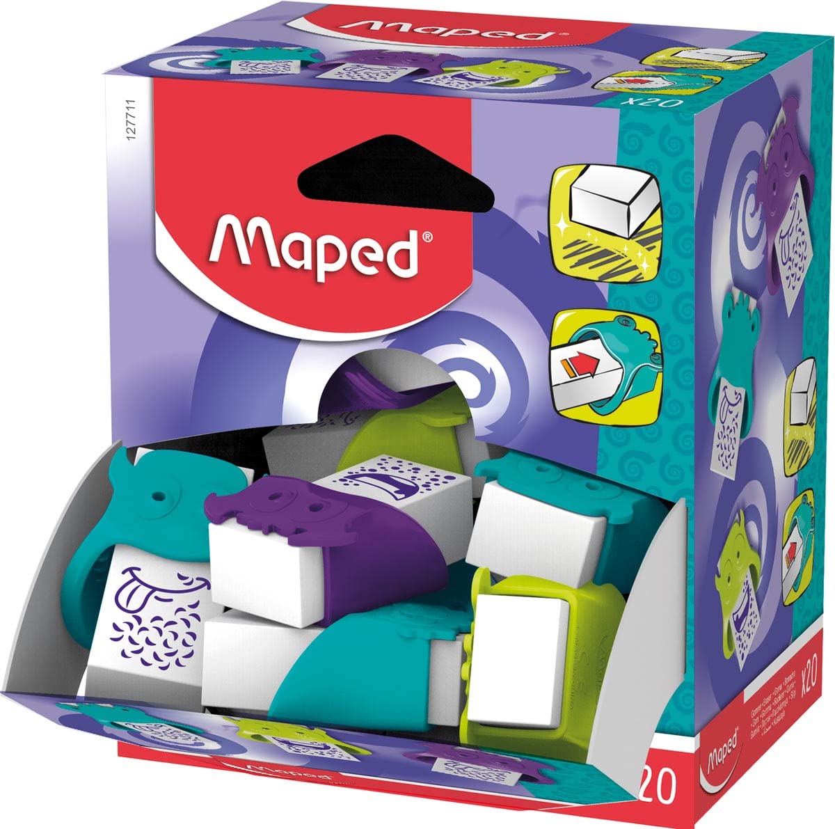 Maped - Material Escolar - Goma de Borrar Little Monster - Expositor con 20 Unidades - Diseño Lúdico con Formas de Monstruos - Agarre Ergonómico - Tamaño Ideal para Estuche - 3 Colores