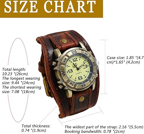 Miniatura 6 de JewelryWe Wide Leather Cuff Watch Vintage Retro Quartz Punk Wristwatches for Men Women Halloween Costumes for Christmas