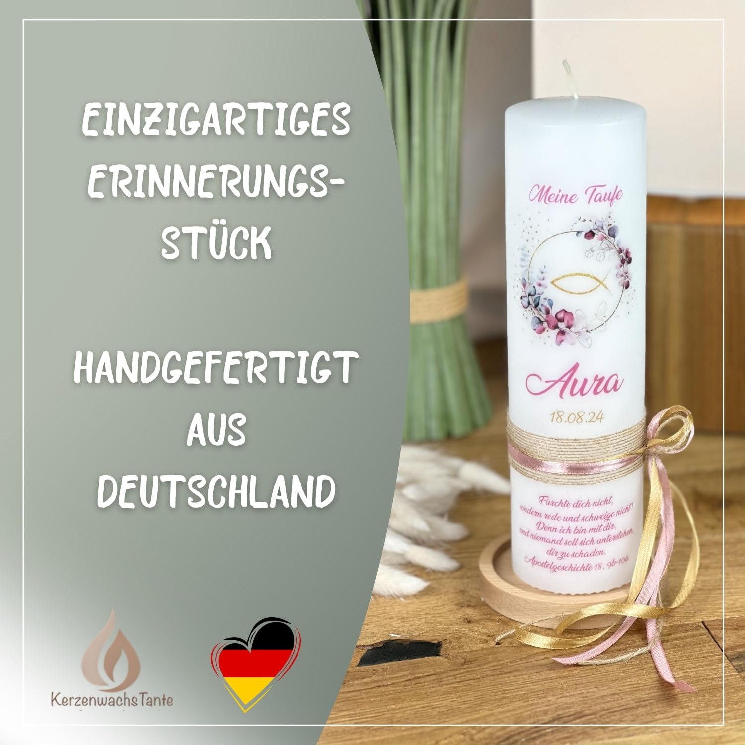 Taufkerze Kommunionkerze Eukalyptus Fisch 25x8cm – Wunschname Personalisierbar – Geschenk zur Taufe für Jungen & Mädchen – Handarbeit mit Schleife – salbei rosa gold