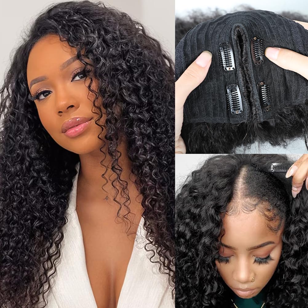 V Part Wig Human Hair Deep Wave 24\