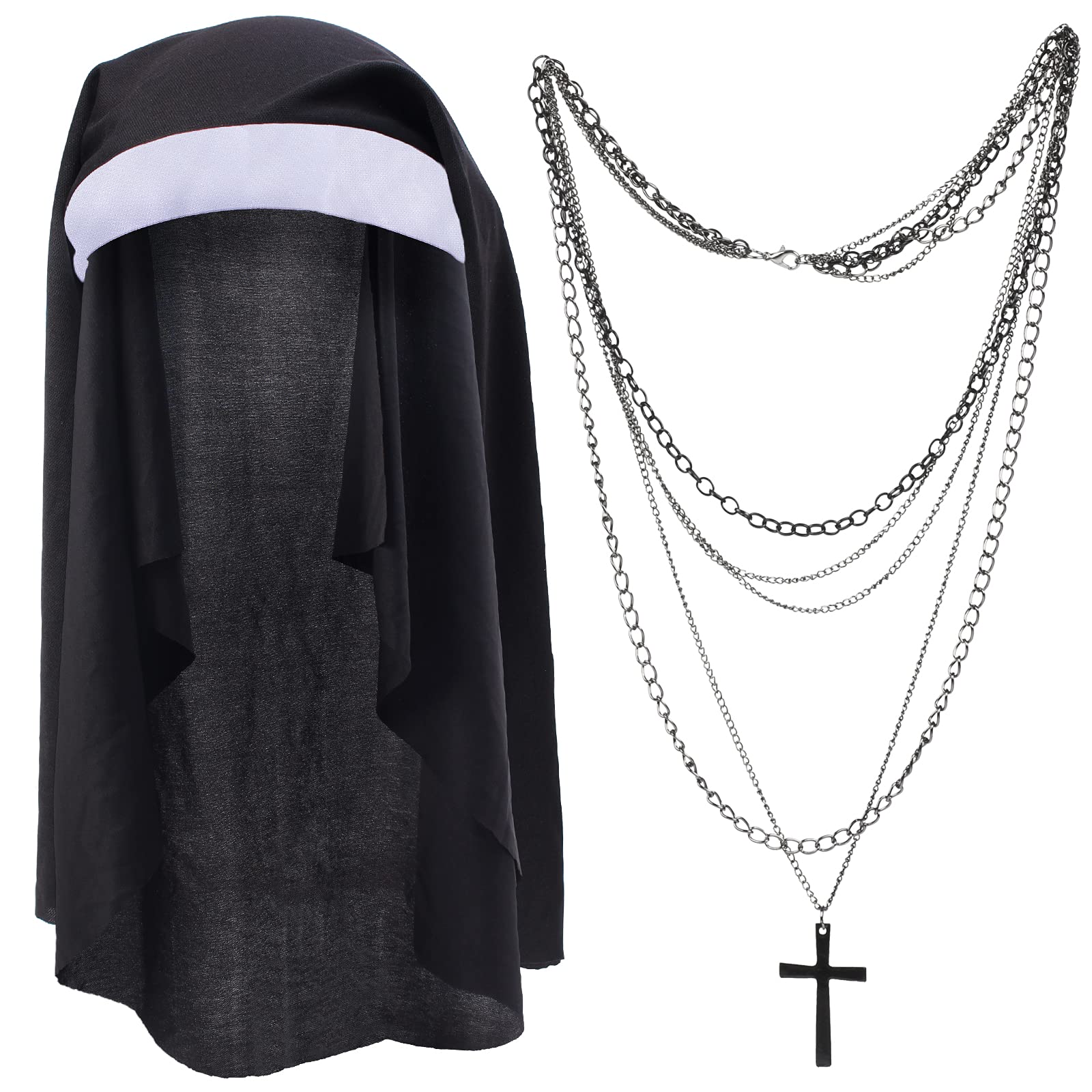 Yewong Nun Costume Accessory Set with Catholic Nun Costume Hat, Nun Collar, Cross Pendent Necklace, Cross Print Stockings: Set-a