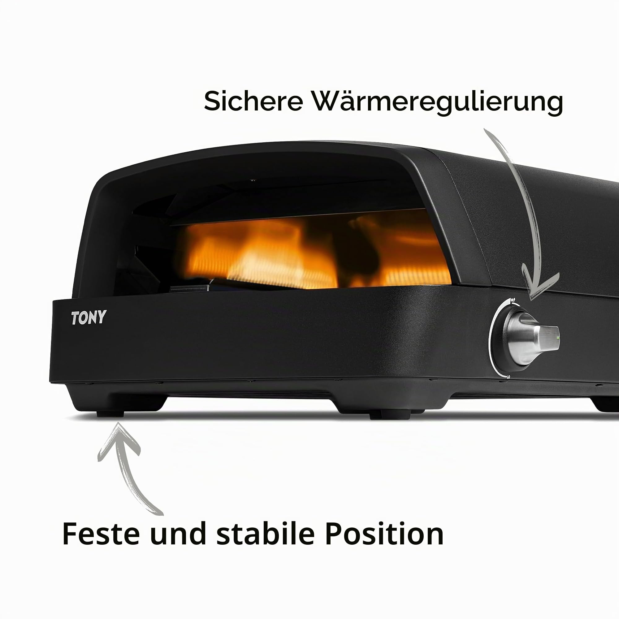 BURNHARD TONY Gas-Pizzaofen 450 °C, 450 °C, tragbarer Outdoor Ofen mit 5,9 kW (58,5 x 47,7 x 24,8 cm), inklusive Pizzastein aus Cordierit, geeignet für Terrasse, Balkon und Garten