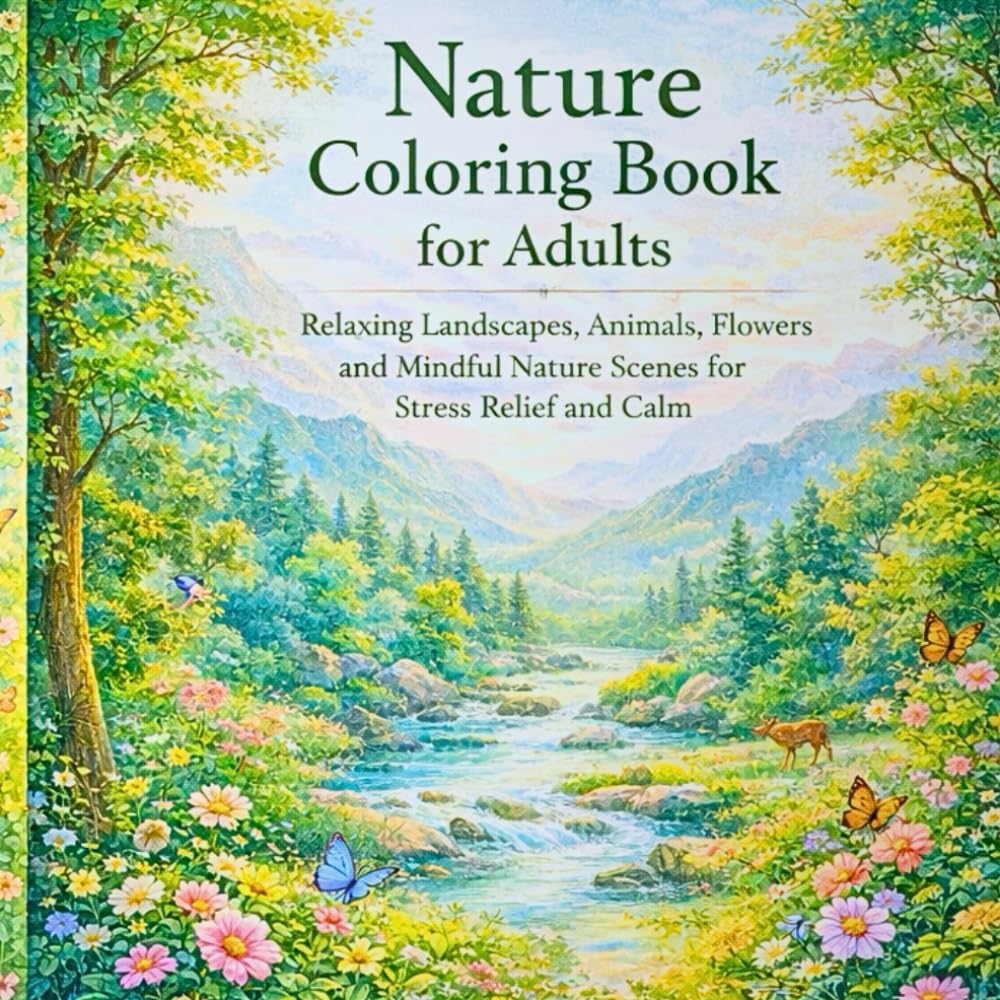 Nature Coloring Book for Adults: Cozy and Relaxing Landscapes, Animals, Flowers and Mindful Nature Scenes for Stress Relief, Calm and Creative Relaxation