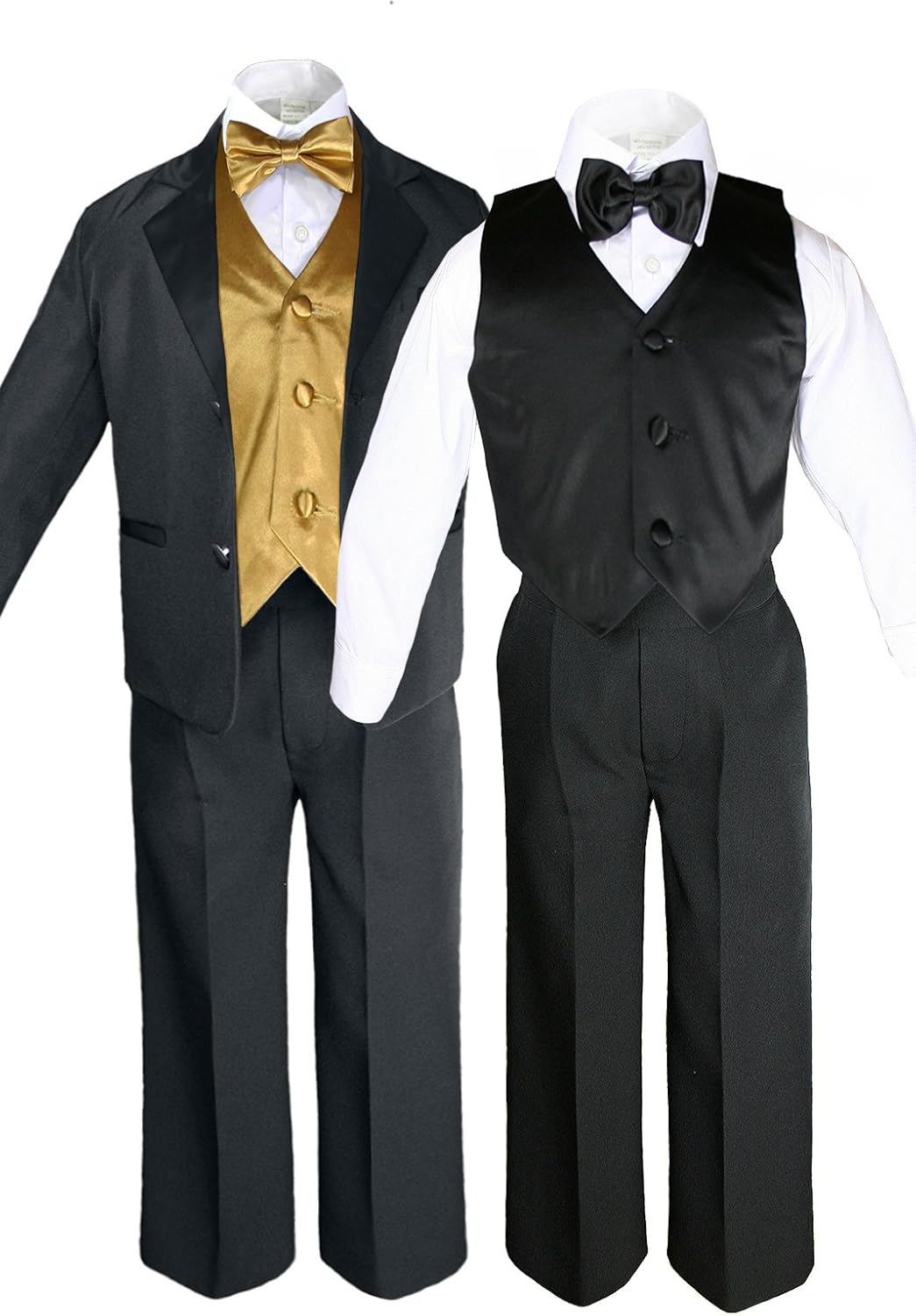 7pc Formal Boy Black Gold Suit Tuxedo Bow Tie Vest Set (S-20)