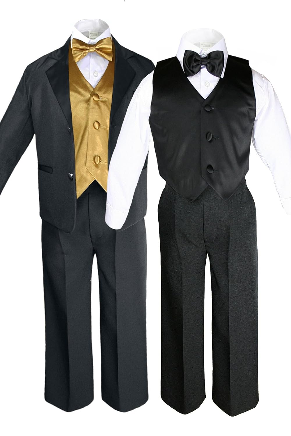 7pcs Boys Black Suits Tuxedo with Satin Gold Bow Tie Vest Sets (S-20) (10)