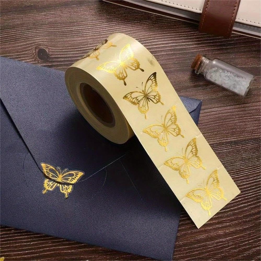 Waterproof Golden Butterfly Pattern Sticker, 1 Roll, 500 Stickers | 4x3cm, Reusable, For Scrapbooking Crafts Handcraft Projects